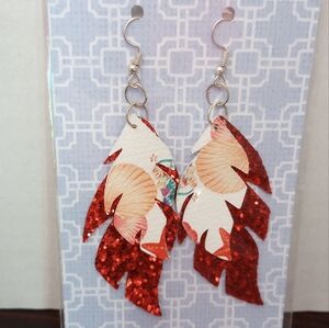 Red Glitter Shell Feather Faux‎ Leather Handcrafted New Earrings